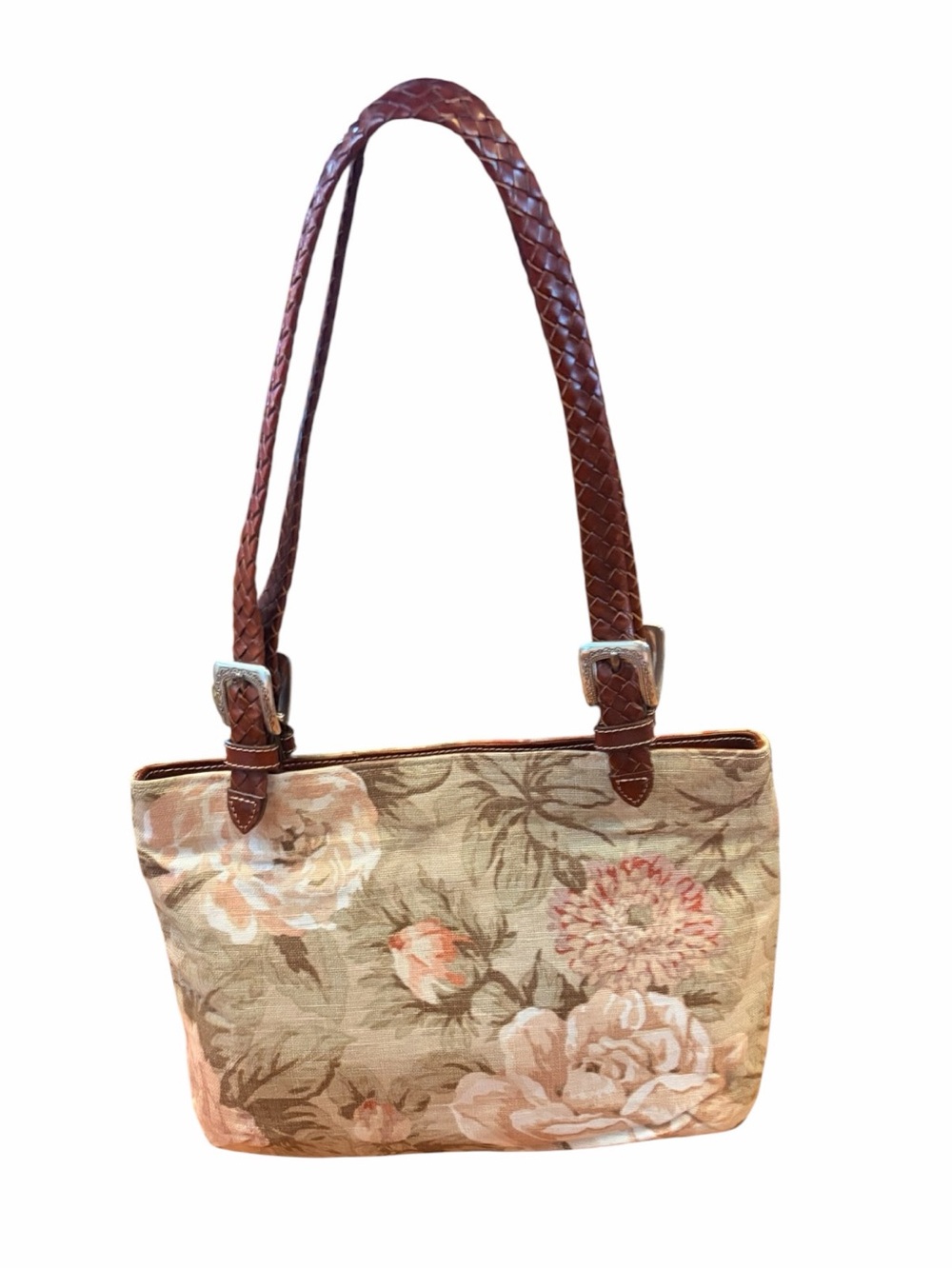 1990’s Brighton Beige Floral Shoulder Bag with Brown Braided Straps
